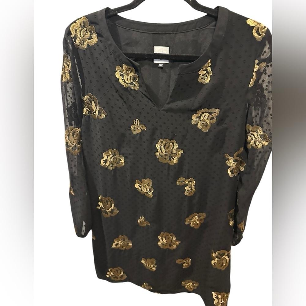 Cabi Occasion Dress in Swiss Dot Black Gold  Rose Embroidered Size XS - Picture 5 of 10